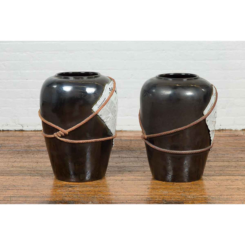Large Thai Exterior Flower Vase with Black Patina, Rope and Newspaper Motifs-YN6849-10. Asian & Chinese Furniture, Art, Antiques, Vintage Home Décor for sale at FEA Home