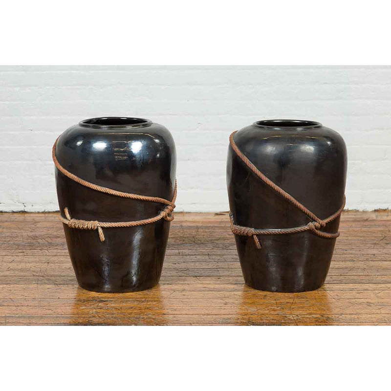 Large Thai Exterior Flower Vase with Black Patina, Rope and Newspaper Motifs-YN6849-11. Asian & Chinese Furniture, Art, Antiques, Vintage Home Décor for sale at FEA Home