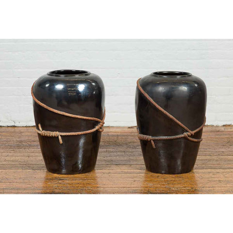 Large Thai Exterior Flower Vase with Black Patina, Rope and Newspaper Motifs-YN6849-11. Asian & Chinese Furniture, Art, Antiques, Vintage Home Décor for sale at FEA Home