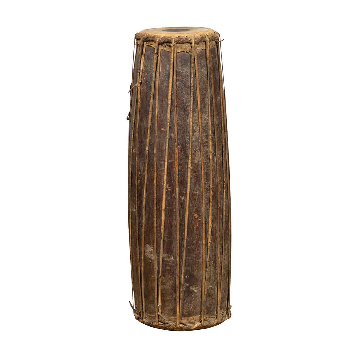 Antique Indonesian Slender Freestanding Wooden Drum with Leather Drumhead-1. Asian & Chinese Furniture, Art, Antiques, Vintage Home Décor for sale at FEA Home