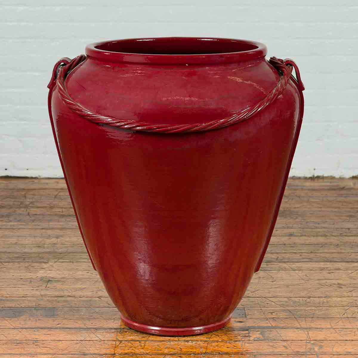 Contemporary Thai Oversized Oxblood Water Jar from Chiang Mai with Rope Design-2. Asian & Chinese Furniture, Art, Antiques, Vintage Home Décor for sale at FEA Home