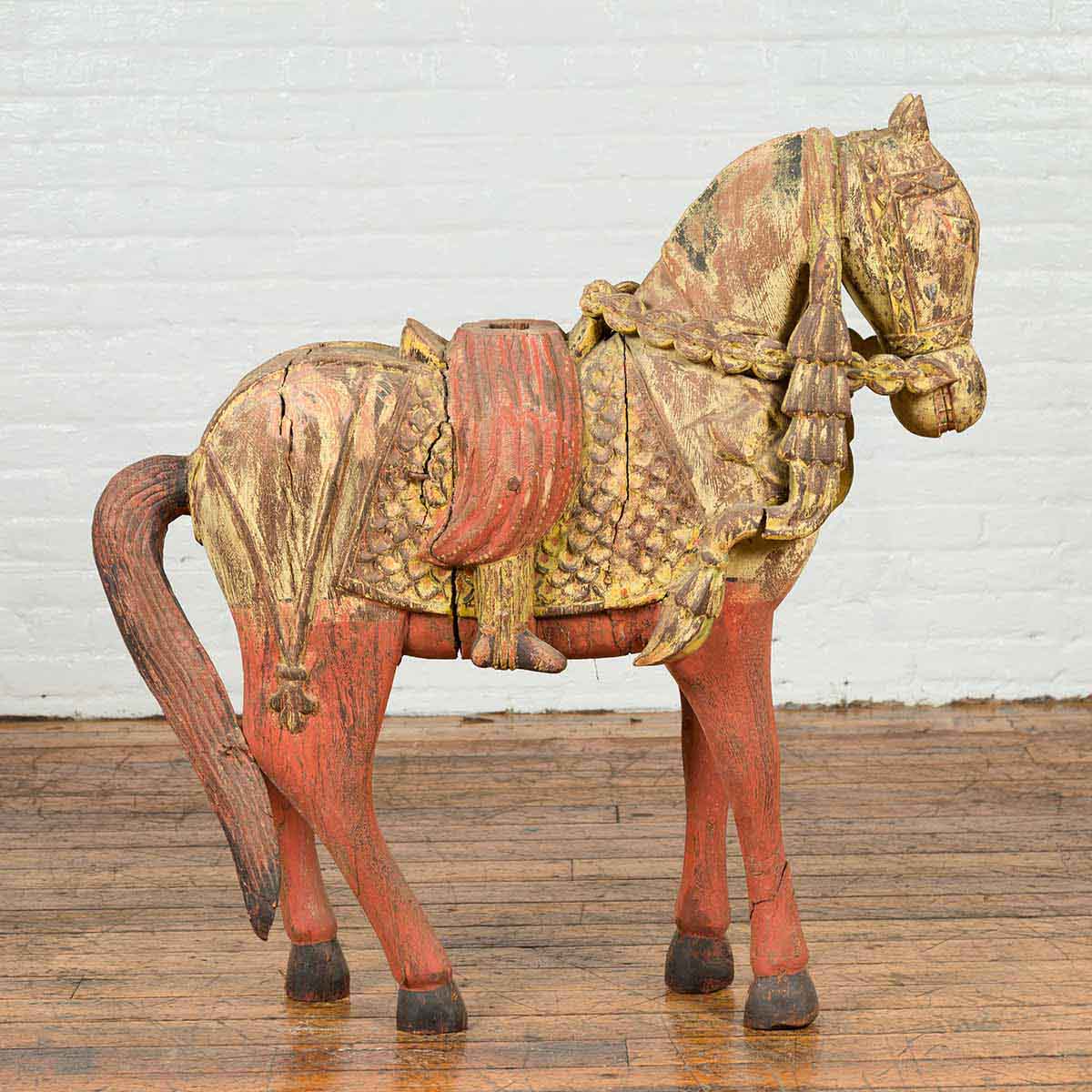 Vintage Indian Carved Wooden Horse from Madras with Yellow and Red Patina-2. Asian & Chinese Furniture, Art, Antiques, Vintage Home Décor for sale at FEA Home