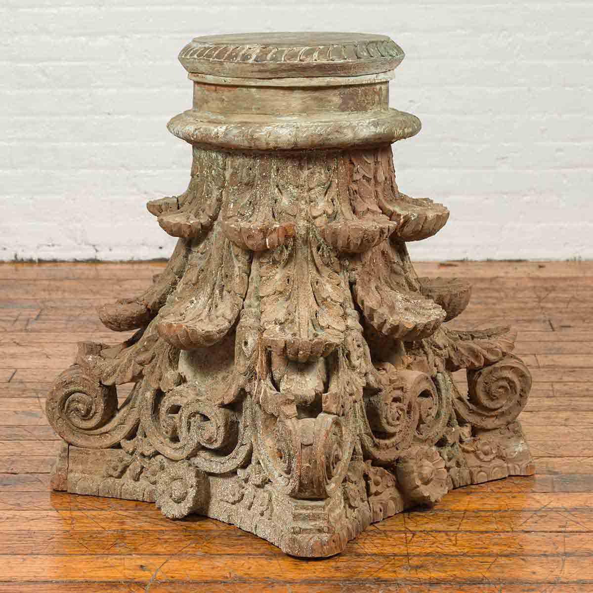 Antique Indian Corinthian Temple Capital Carving with Distressed Patina-2. Asian & Chinese Furniture, Art, Antiques, Vintage Home Décor for sale at FEA Home