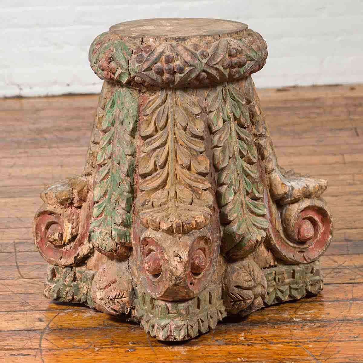 Indian Antique Temple Foliage Carved Capital with Original Green and Red Paint-2. Asian & Chinese Furniture, Art, Antiques, Vintage Home Décor for sale at FEA Home