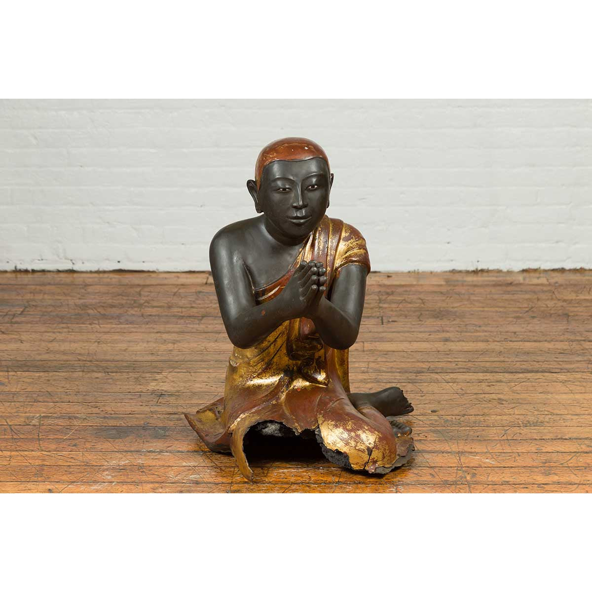 20th Century Thai Temple Ceremonial Lacquered and Gilt Kneeling Monk Sculpture-2. Asian & Chinese Furniture, Art, Antiques, Vintage Home Décor for sale at FEA Home