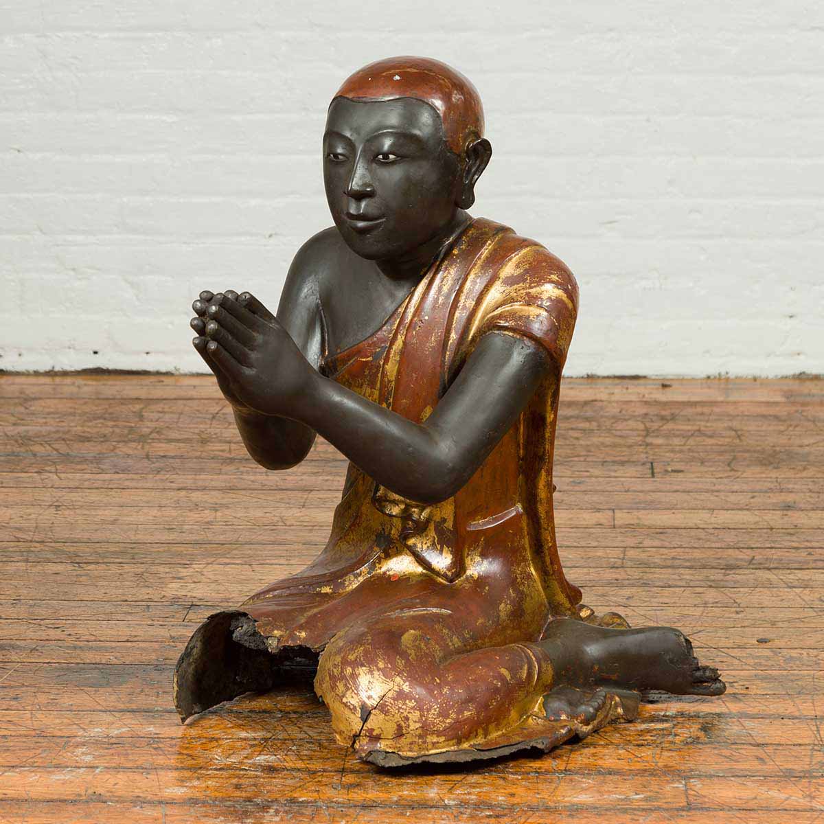 20th Century Thai Temple Ceremonial Lacquered and Gilt Kneeling Monk Sculpture-3. Asian &amp; Chinese Furniture, Art, Antiques, Vintage Home Décor for sale at FEA Home