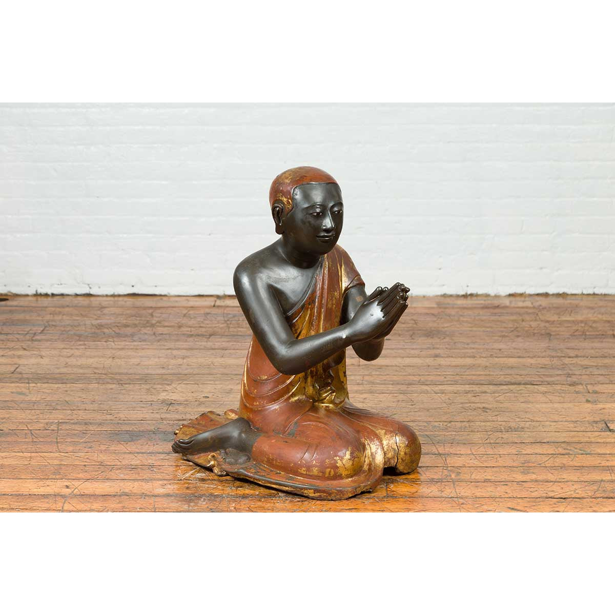 20th Century Thai Temple Ceremonial Lacquered and Gilt Kneeling Monk Sculpture-9. Asian &amp; Chinese Furniture, Art, Antiques, Vintage Home Décor for sale at FEA Home