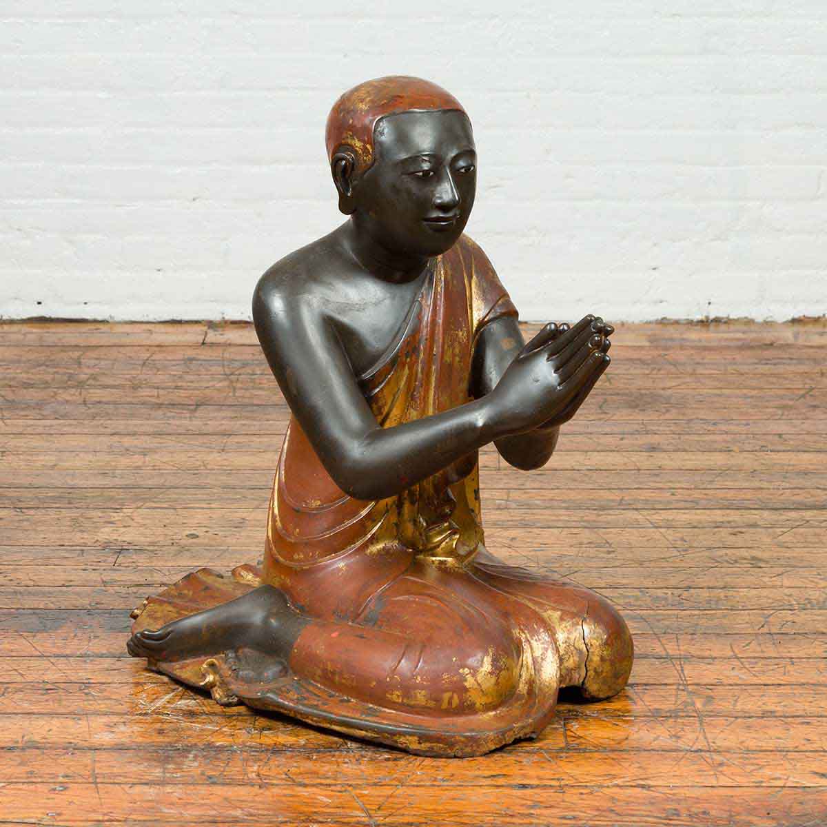 20th Century Thai Temple Ceremonial Lacquered and Gilt Kneeling Monk Sculpture-2. Asian & Chinese Furniture, Art, Antiques, Vintage Home Décor for sale at FEA Home