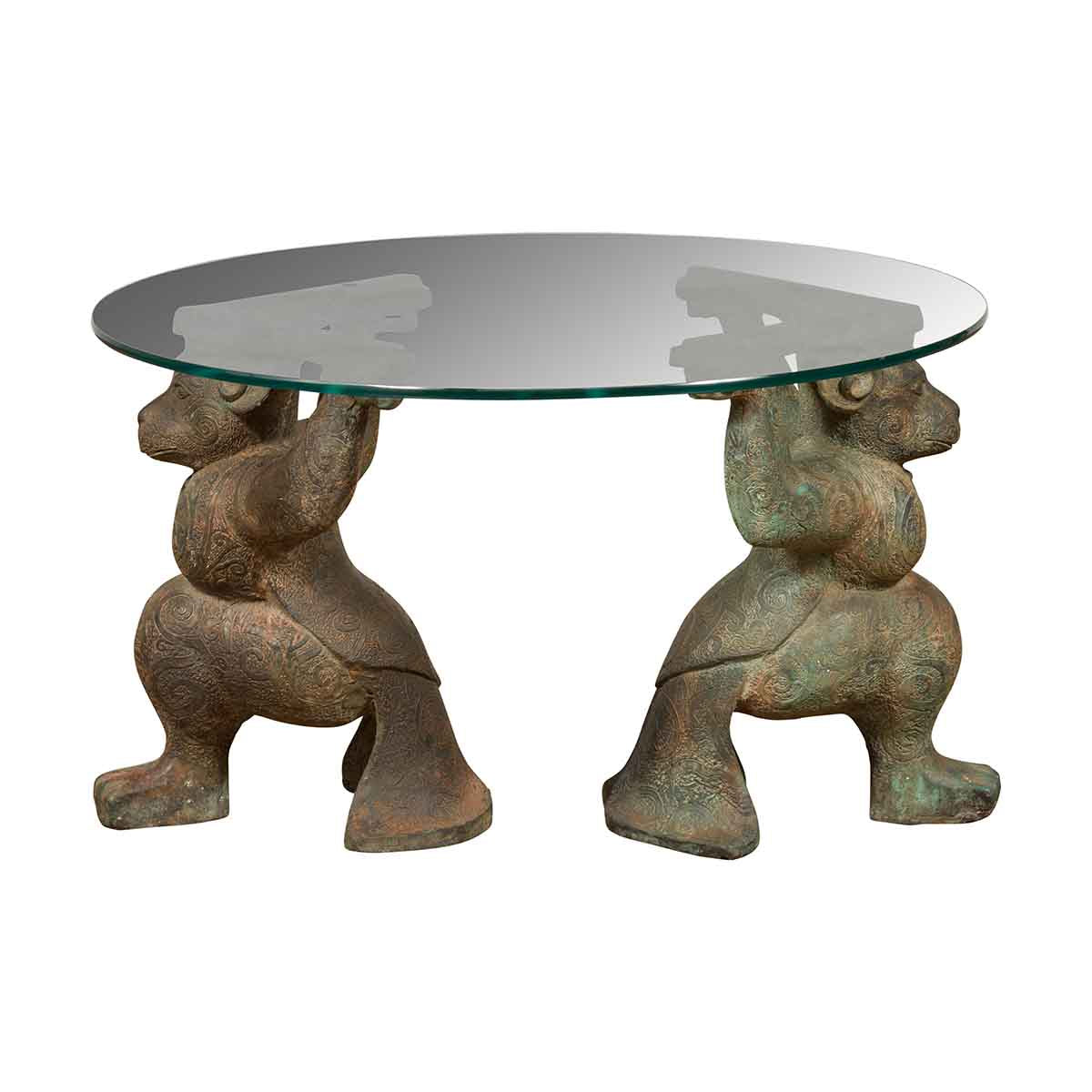 Vintage Bronze Double Monkey Coffee Table Base with Verde Patina-1. Asian & Chinese Furniture, Art, Antiques, Vintage Home Décor for sale at FEA Home