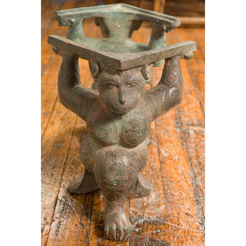 Vintage Bronze Double Monkey Coffee Table Base with Verde Patina-YN6867-8. Asian & Chinese Furniture, Art, Antiques, Vintage Home Décor for sale at FEA Home