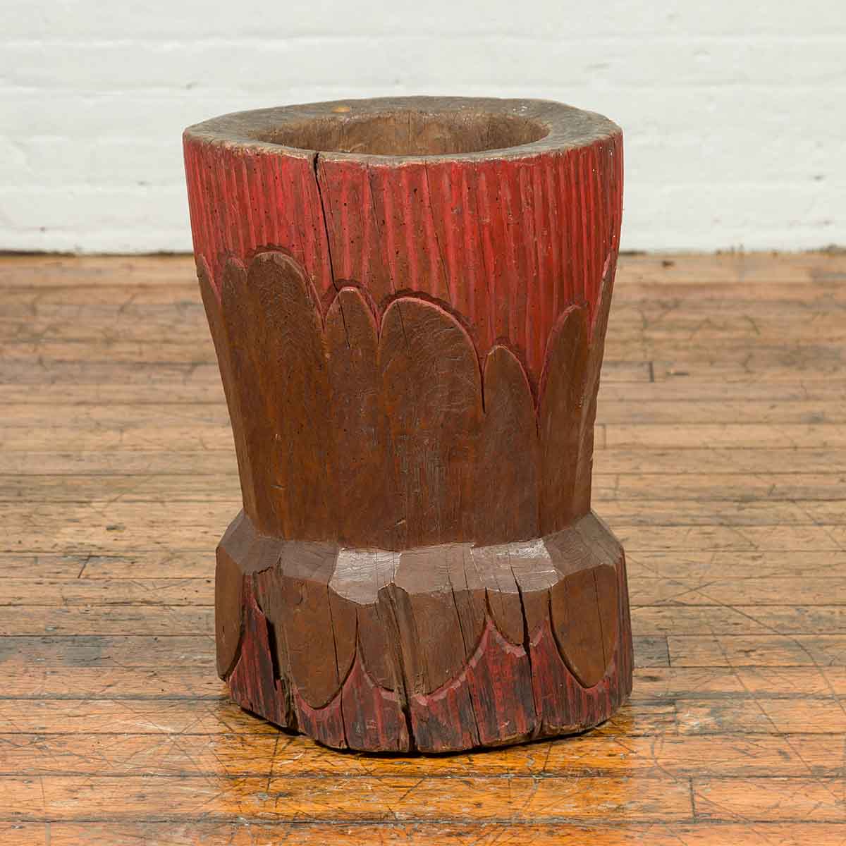 Antique Japanese Wooden Planter with Rustic Appearance and Red Patina-2. Asian & Chinese Furniture, Art, Antiques, Vintage Home Décor for sale at FEA Home