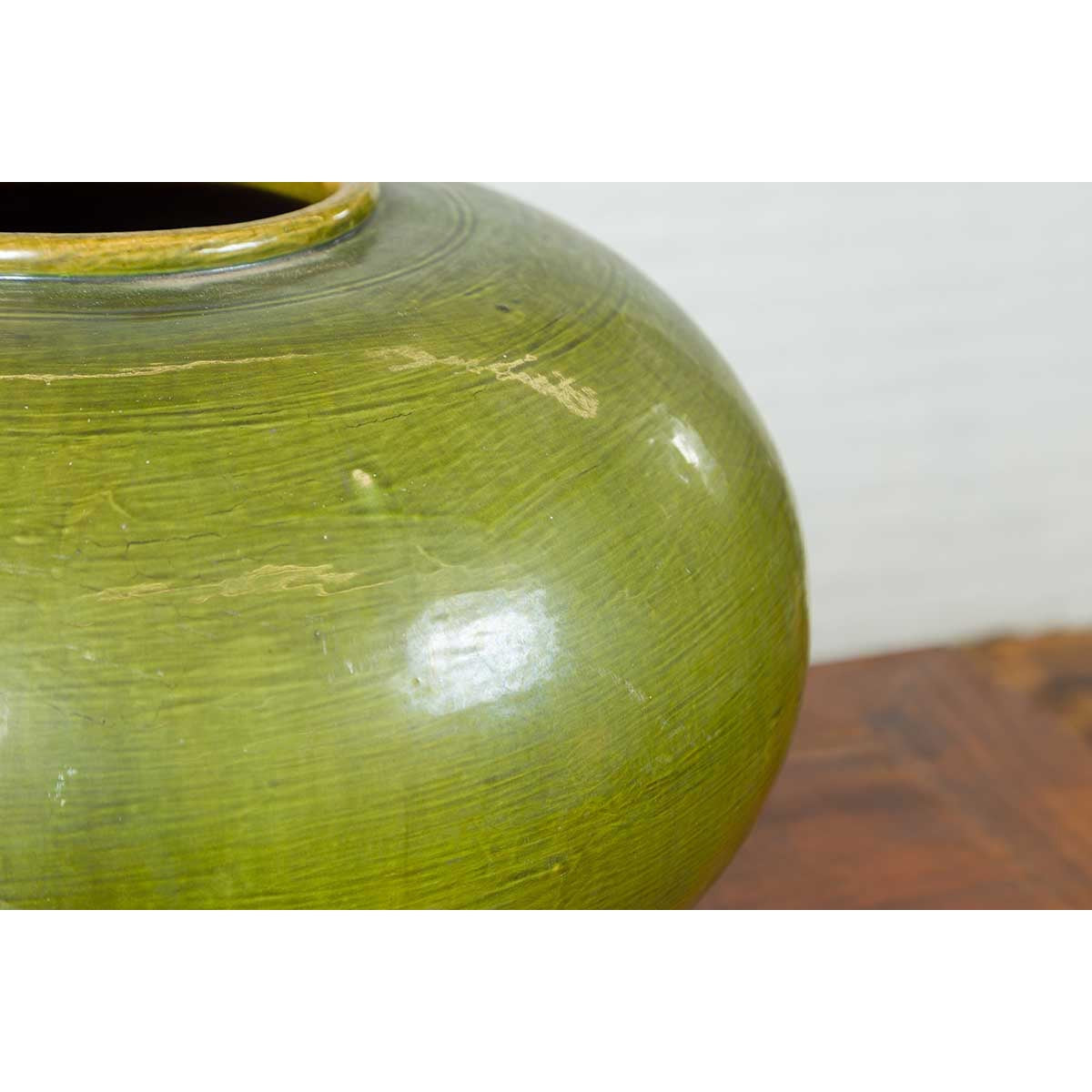 Chinese Contemporary Olive Green Circular Urn with Porcelain Glaze-9. Asian &amp; Chinese Furniture, Art, Antiques, Vintage Home Décor for sale at FEA Home