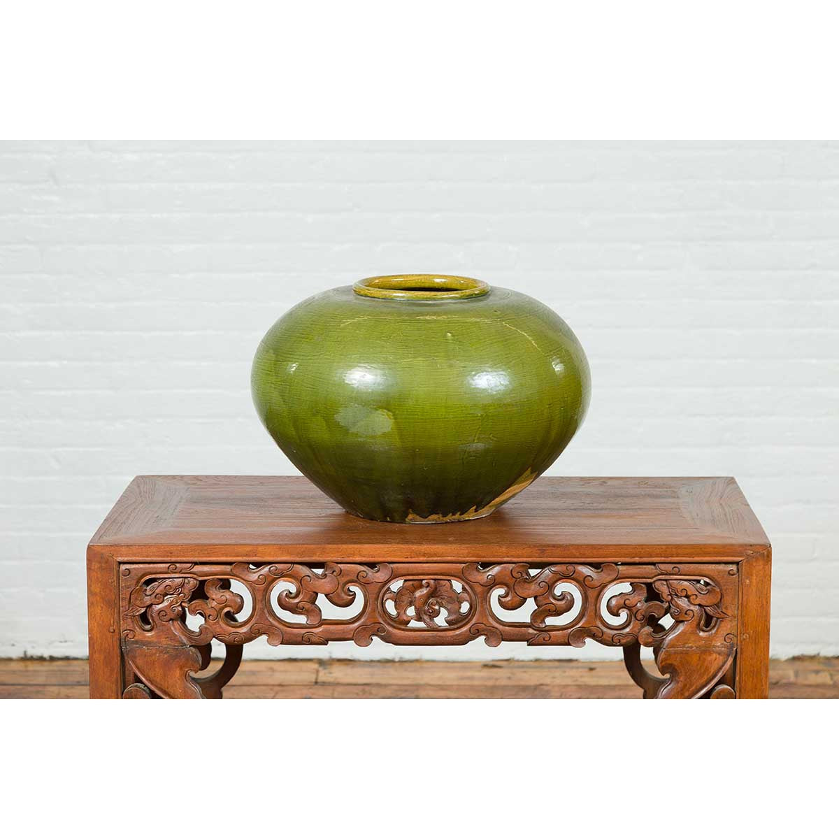 Chinese Contemporary Olive Green Circular Urn with Porcelain Glaze-11. Asian &amp; Chinese Furniture, Art, Antiques, Vintage Home Décor for sale at FEA Home