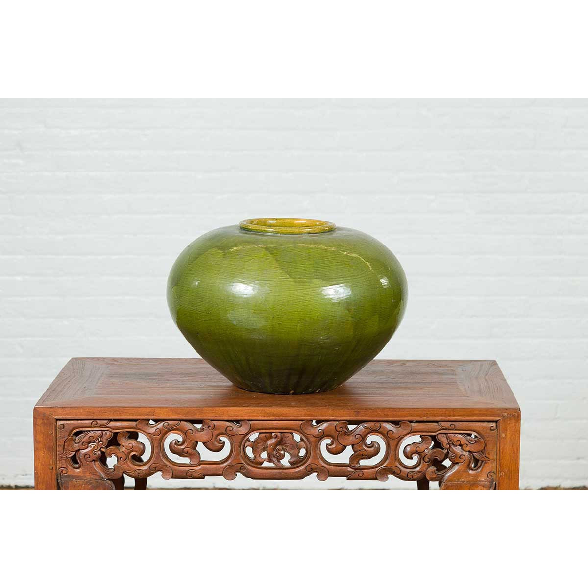 Chinese Contemporary Olive Green Circular Urn with Porcelain Glaze-12. Asian &amp; Chinese Furniture, Art, Antiques, Vintage Home Décor for sale at FEA Home