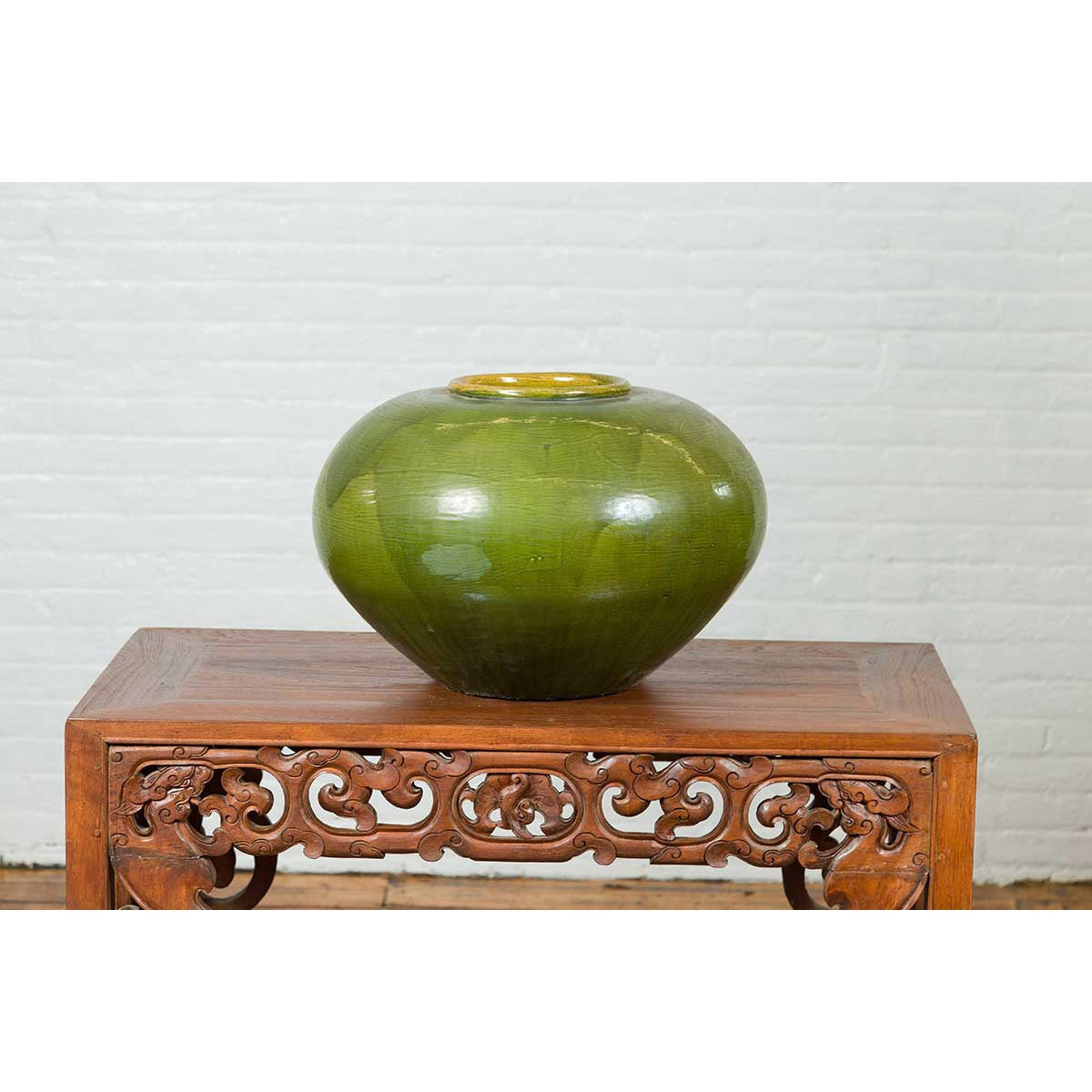 Chinese Contemporary Olive Green Circular Urn with Porcelain Glaze-13. Asian &amp; Chinese Furniture, Art, Antiques, Vintage Home Décor for sale at FEA Home