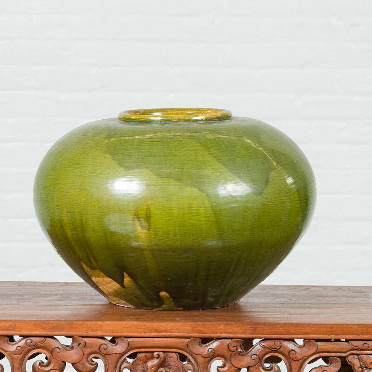 Chinese Contemporary Olive Green Circular Urn with Porcelain Glaze-2. Asian & Chinese Furniture, Art, Antiques, Vintage Home Décor for sale at FEA Home
