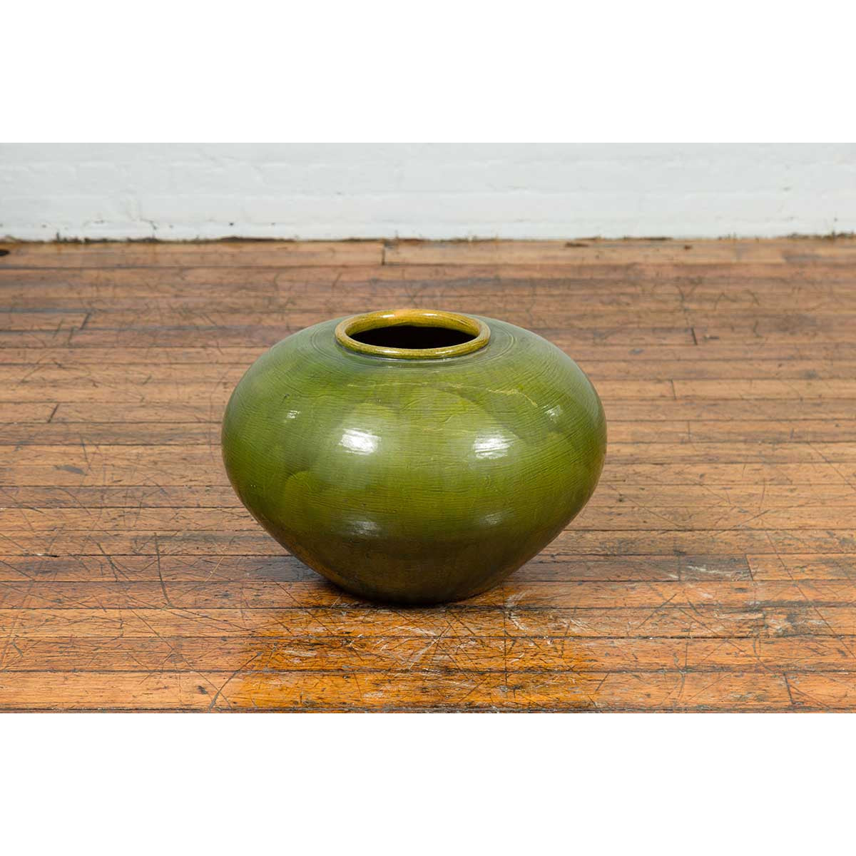 Chinese Contemporary Olive Green Circular Urn with Porcelain Glaze-3. Asian &amp; Chinese Furniture, Art, Antiques, Vintage Home Décor for sale at FEA Home