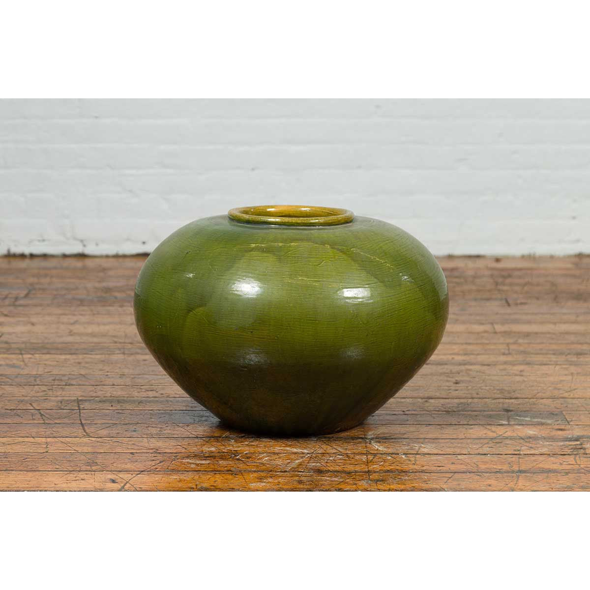 Chinese Contemporary Olive Green Circular Urn with Porcelain Glaze-4. Asian &amp; Chinese Furniture, Art, Antiques, Vintage Home Décor for sale at FEA Home