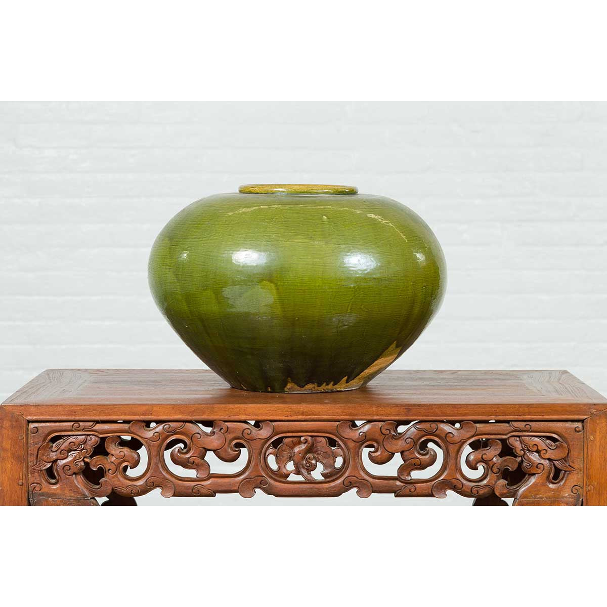 Chinese Contemporary Olive Green Circular Urn with Porcelain Glaze-5. Asian &amp; Chinese Furniture, Art, Antiques, Vintage Home Décor for sale at FEA Home