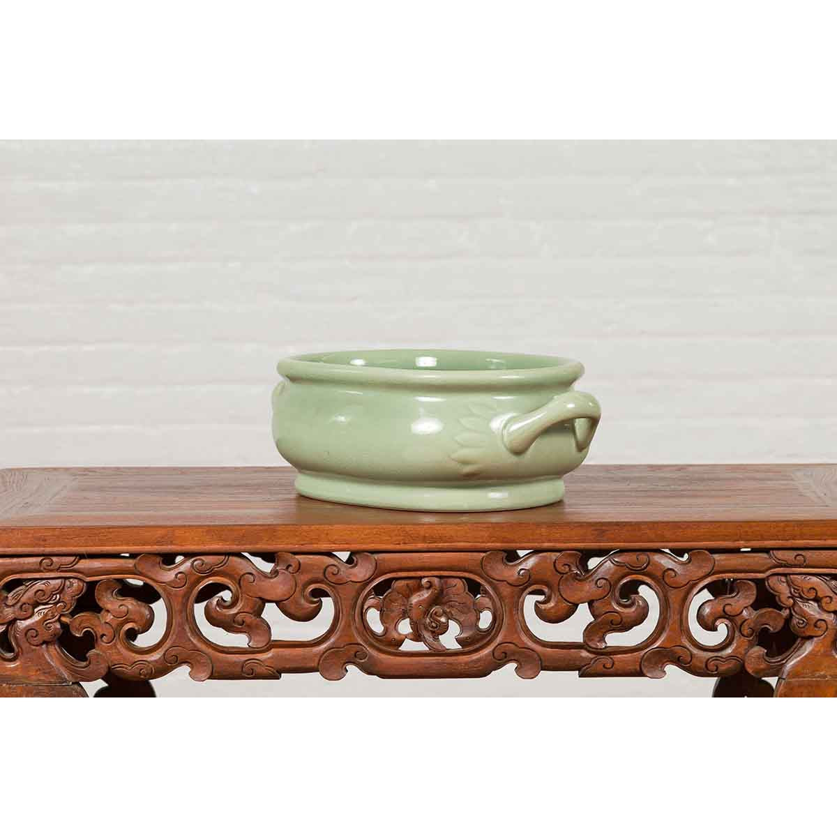 Chinese Vintage Celadon Foot Bath with Two Handles and Foliage Motifs-11. Asian &amp; Chinese Furniture, Art, Antiques, Vintage Home Décor for sale at FEA Home