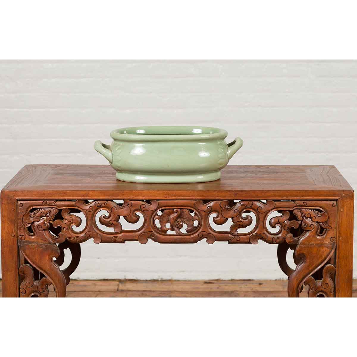 Chinese Vintage Celadon Foot Bath with Two Handles and Foliage Motifs-12. Asian &amp; Chinese Furniture, Art, Antiques, Vintage Home Décor for sale at FEA Home