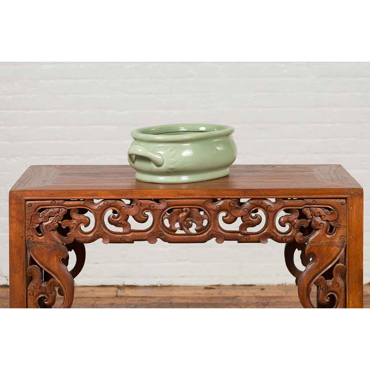 Chinese Vintage Celadon Foot Bath with Two Handles and Foliage Motifs-13. Asian &amp; Chinese Furniture, Art, Antiques, Vintage Home Décor for sale at FEA Home