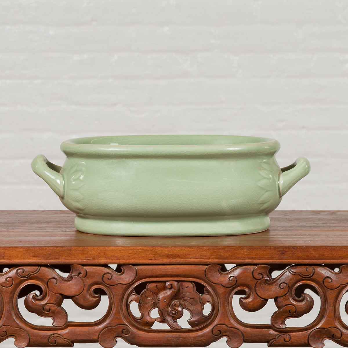 Chinese Vintage Celadon Foot Bath with Two Handles and Foliage Motifs-2. Asian & Chinese Furniture, Art, Antiques, Vintage Home Décor for sale at FEA Home
