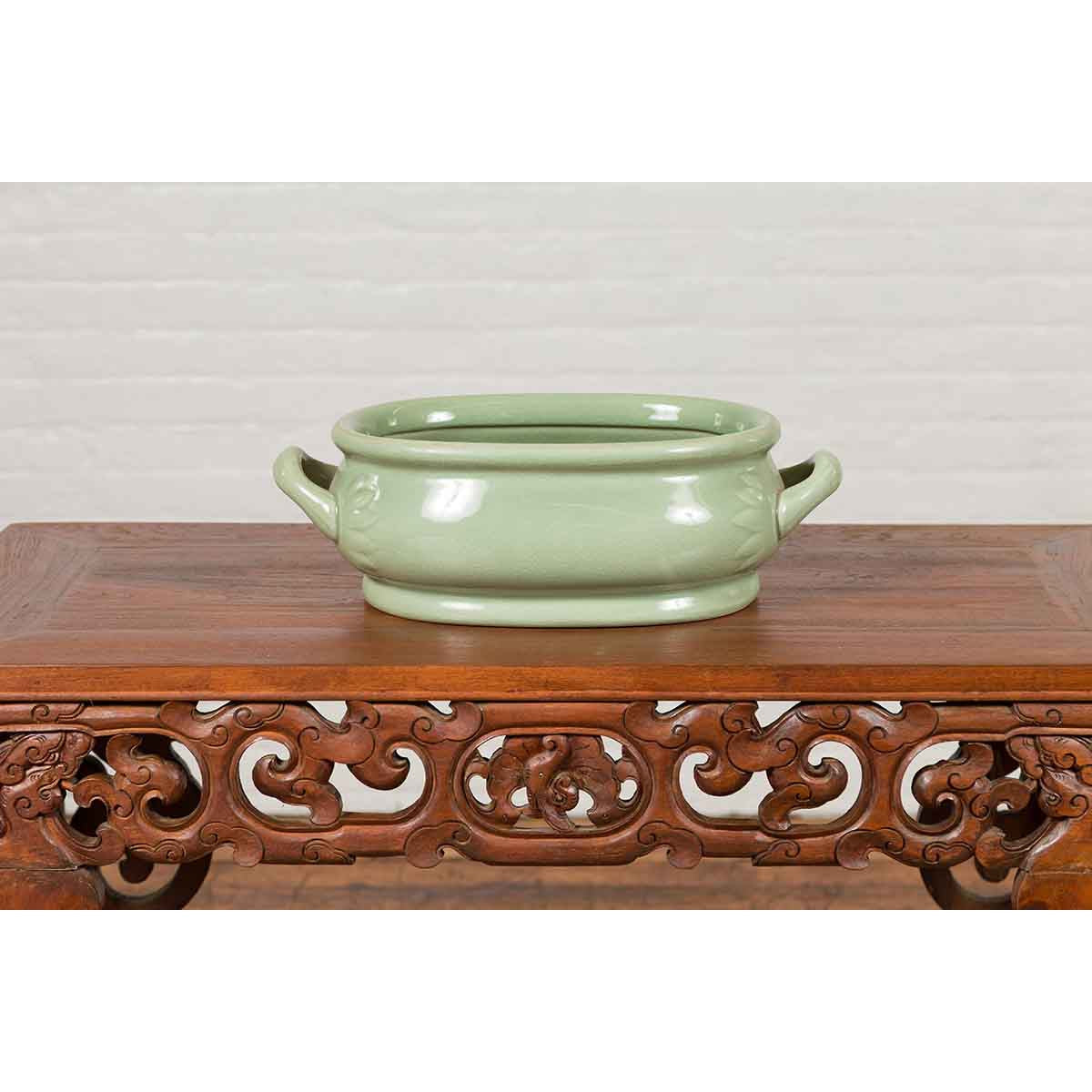 Chinese Vintage Celadon Foot Bath with Two Handles and Foliage Motifs-5. Asian &amp; Chinese Furniture, Art, Antiques, Vintage Home Décor for sale at FEA Home