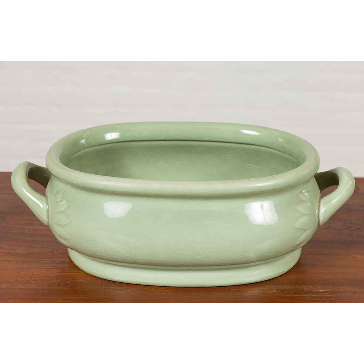 Chinese Vintage Celadon Foot Bath with Two Handles and Foliage Motifs-6. Asian &amp; Chinese Furniture, Art, Antiques, Vintage Home Décor for sale at FEA Home