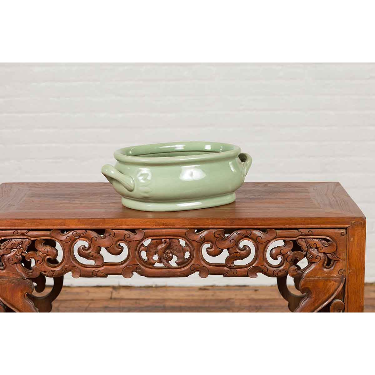Chinese Vintage Celadon Foot Bath with Two Handles and Foliage Motifs-9. Asian &amp; Chinese Furniture, Art, Antiques, Vintage Home Décor for sale at FEA Home