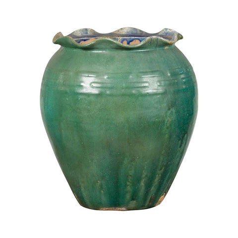 Antique Vietnamese or Chinese Green Glazed Vase with Scalloped Lip- Asian Antiques, Vintage Home Decor & Chinese Furniture - FEA Home