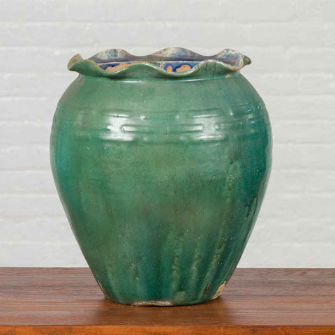 Antique Vietnamese or Chinese Green Glazed Vase with Scalloped Lip