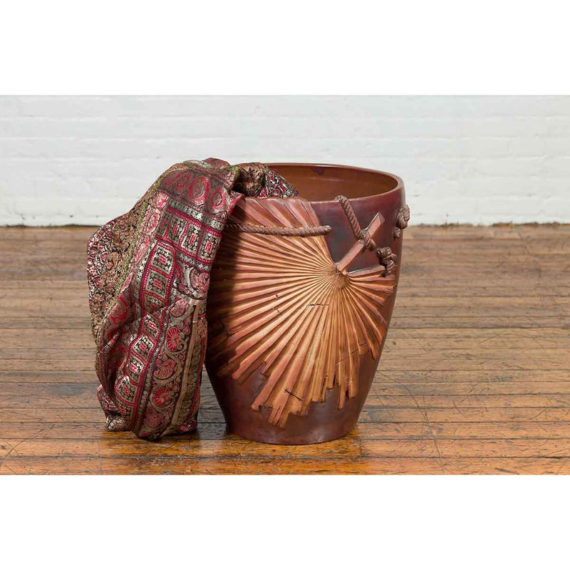 Large Contemporary Thai Garnet Toned Planter with Palm Leaf and Rope Motifs-3. Asian & Chinese Furniture, Art, Antiques, Vintage Home Décor for sale at FEA Home