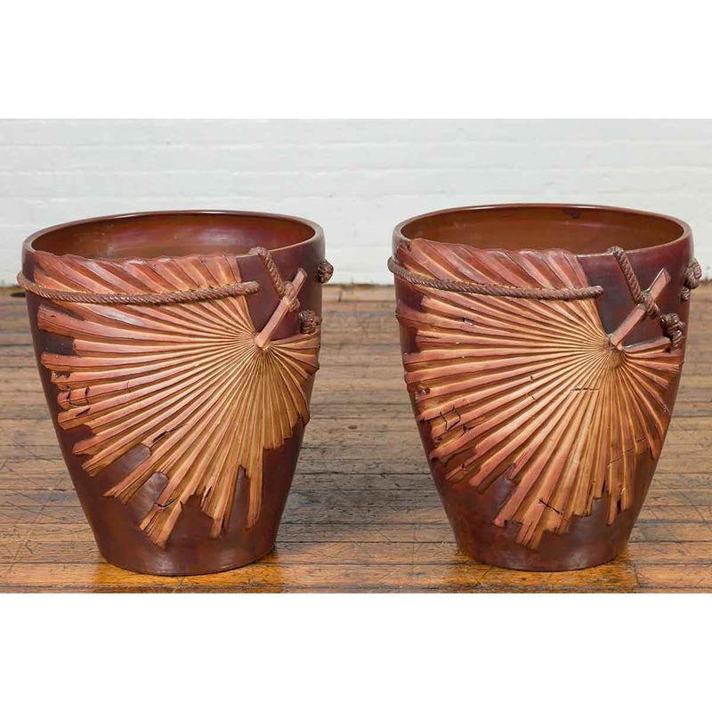 Large Contemporary Thai Garnet Toned Planter with Palm Leaf and Rope Motifs-12. Asian & Chinese Furniture, Art, Antiques, Vintage Home Décor for sale at FEA Home