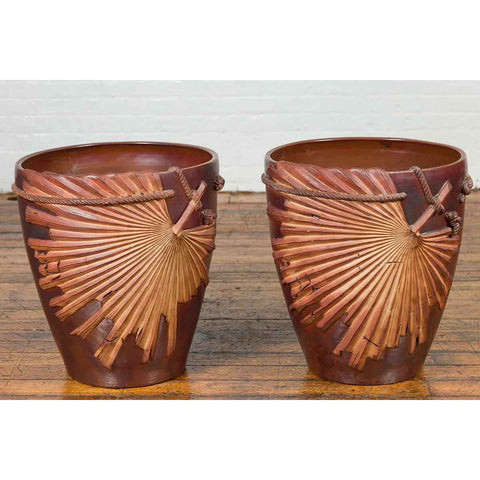 Large Contemporary Thai Garnet Toned Planter with Palm Leaf and Rope Motifs-12. Asian & Chinese Furniture, Art, Antiques, Vintage Home Décor for sale at FEA Home