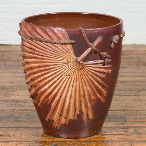 Large Contemporary Thai Garnet Toned Planter with Palm Leaf and Rope Motifs-2. Asian & Chinese Furniture, Art, Antiques, Vintage Home Décor for sale at FEA Home