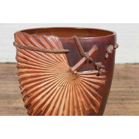 Large Contemporary Thai Garnet Toned Planter with Palm Leaf and Rope Motifs-4. Asian & Chinese Furniture, Art, Antiques, Vintage Home Décor for sale at FEA Home