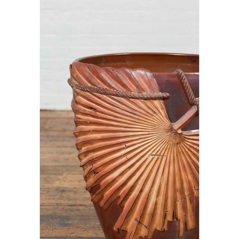 Large Contemporary Thai Garnet Toned Planter with Palm Leaf and Rope Motifs-6. Asian & Chinese Furniture, Art, Antiques, Vintage Home Décor for sale at FEA Home