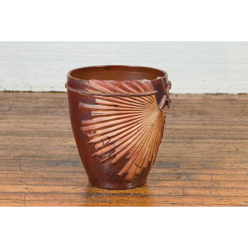 Large Contemporary Thai Garnet Toned Planter with Palm Leaf and Rope Motifs-8. Asian & Chinese Furniture, Art, Antiques, Vintage Home Décor for sale at FEA Home