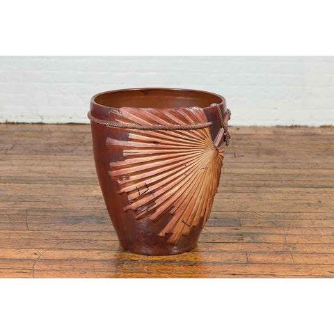 Large Contemporary Thai Garnet Toned Planter with Palm Leaf and Rope Motifs-8. Asian & Chinese Furniture, Art, Antiques, Vintage Home Décor for sale at FEA Home