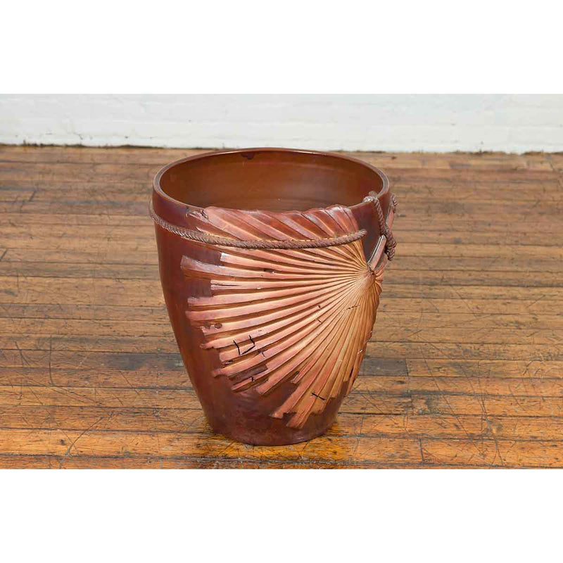 Large Contemporary Thai Garnet Toned Planter with Palm Leaf and Rope Motifs-9. Asian & Chinese Furniture, Art, Antiques, Vintage Home Décor for sale at FEA Home