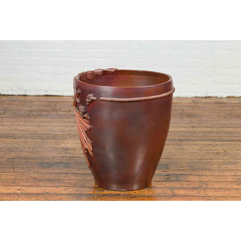 Large Contemporary Thai Garnet Toned Planter with Palm Leaf and Rope Motifs-11. Asian & Chinese Furniture, Art, Antiques, Vintage Home Décor for sale at FEA Home