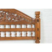 Vintage Carved Indonesian Headboard with Scrolling Foliage and Petite Balusters