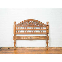 Vintage Carved Indonesian Headboard with Scrolling Foliage and Petite Balusters