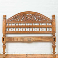 Vintage Carved Indonesian Headboard with Scrolling Foliage and Petite Balusters