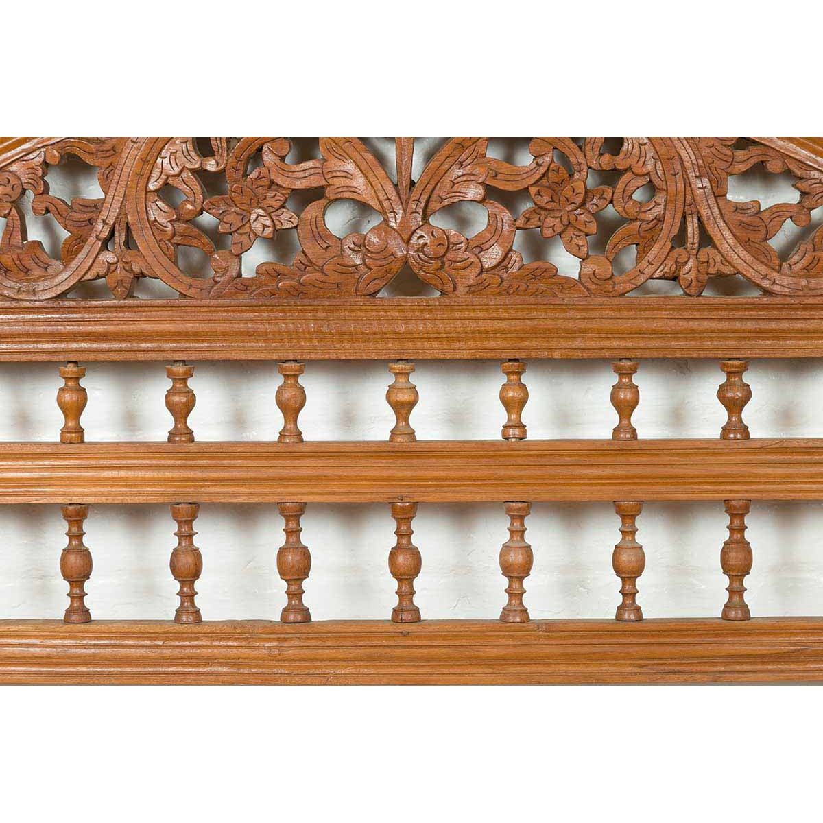 Carved Vintage Indonesian Headboard with Scrolling Foliage and Petite Balusters-6. Asian &amp; Chinese Furniture, Art, Antiques, Vintage Home Décor for sale at FEA Home