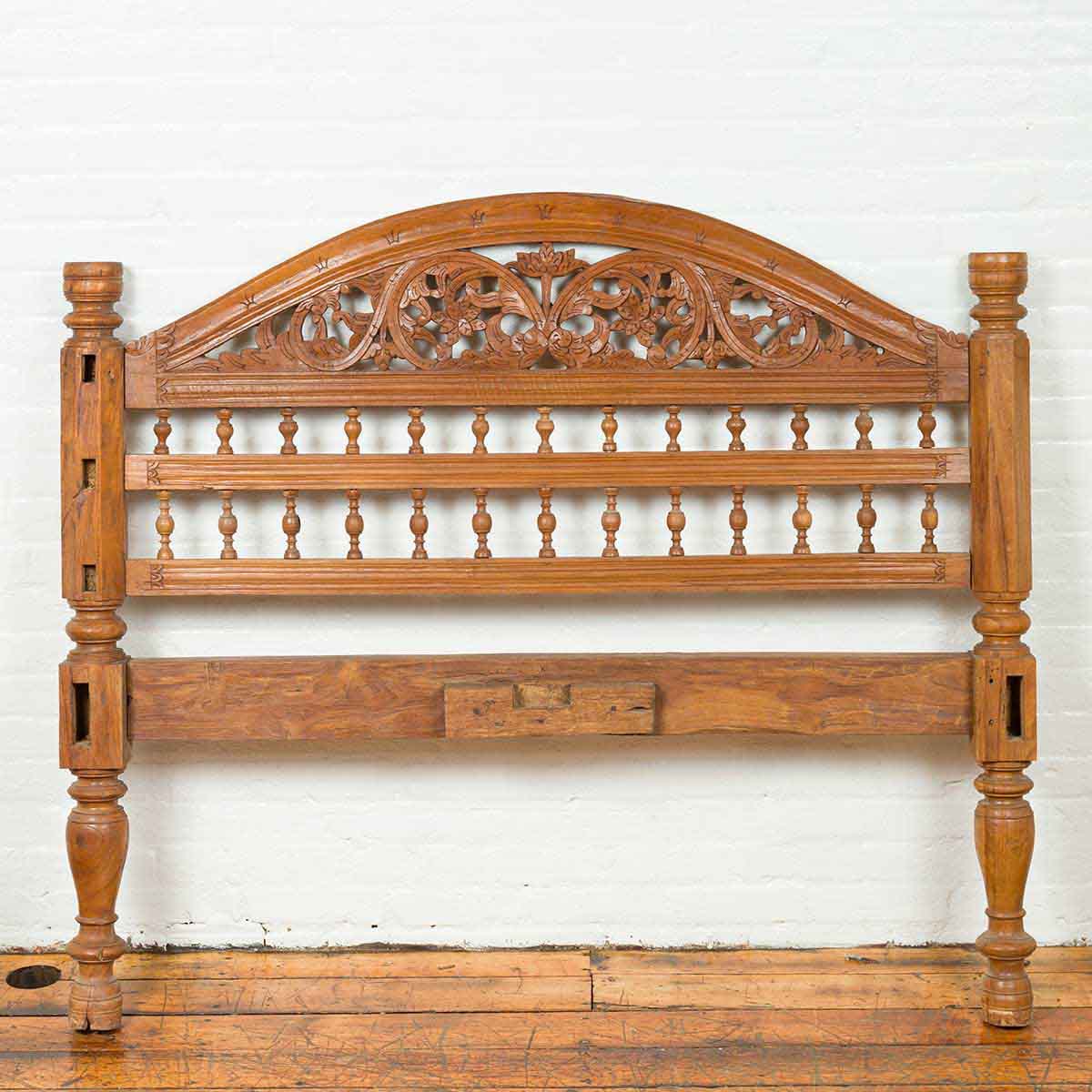 Carved Vintage Indonesian Headboard with Scrolling Foliage and Petite Balusters-2. Asian & Chinese Furniture, Art, Antiques, Vintage Home Décor for sale at FEA Home