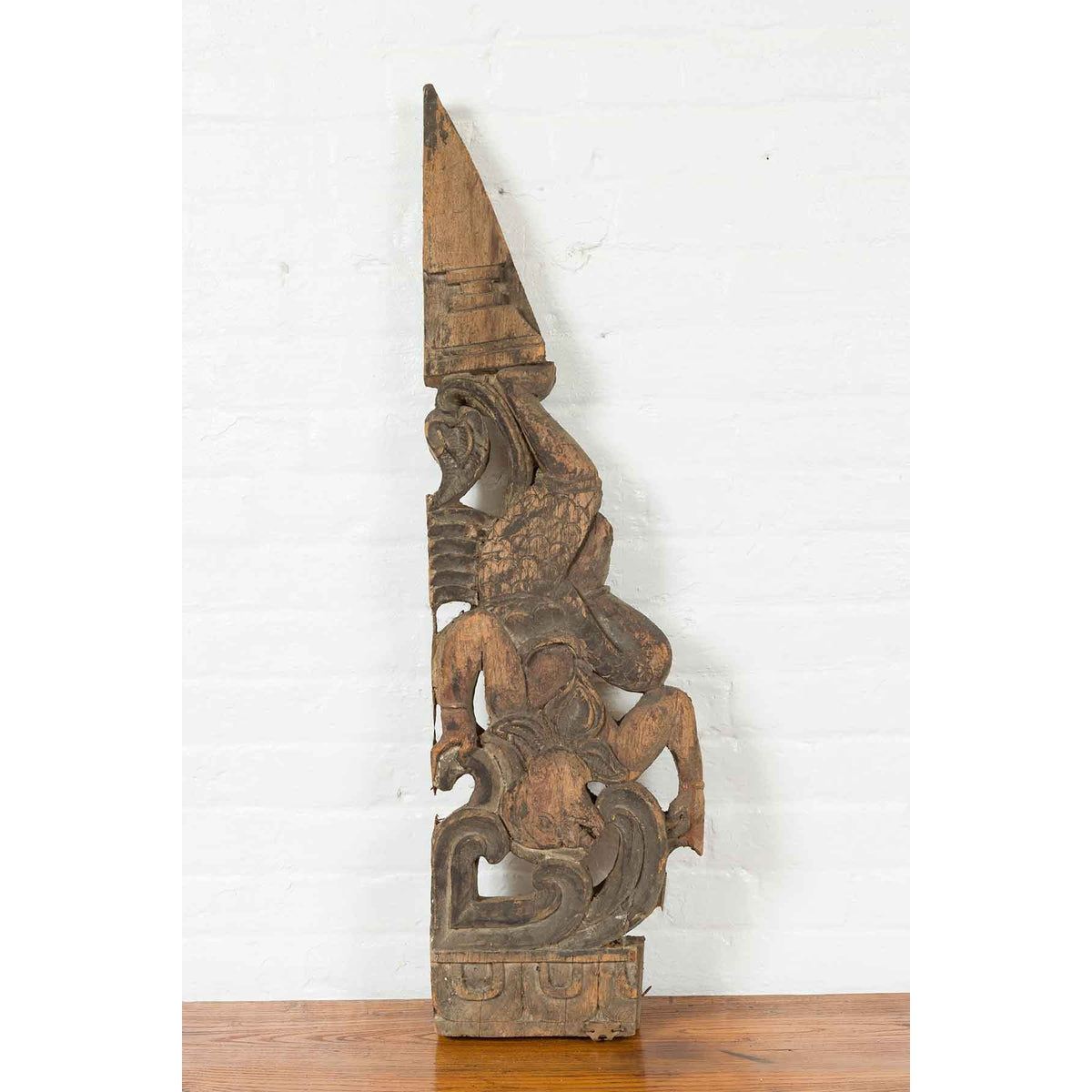 Antique Indonesian Carved Wooden Triangular Fragment Depicting a Falling Figure-2. Asian & Chinese Furniture, Art, Antiques, Vintage Home Décor for sale at FEA Home