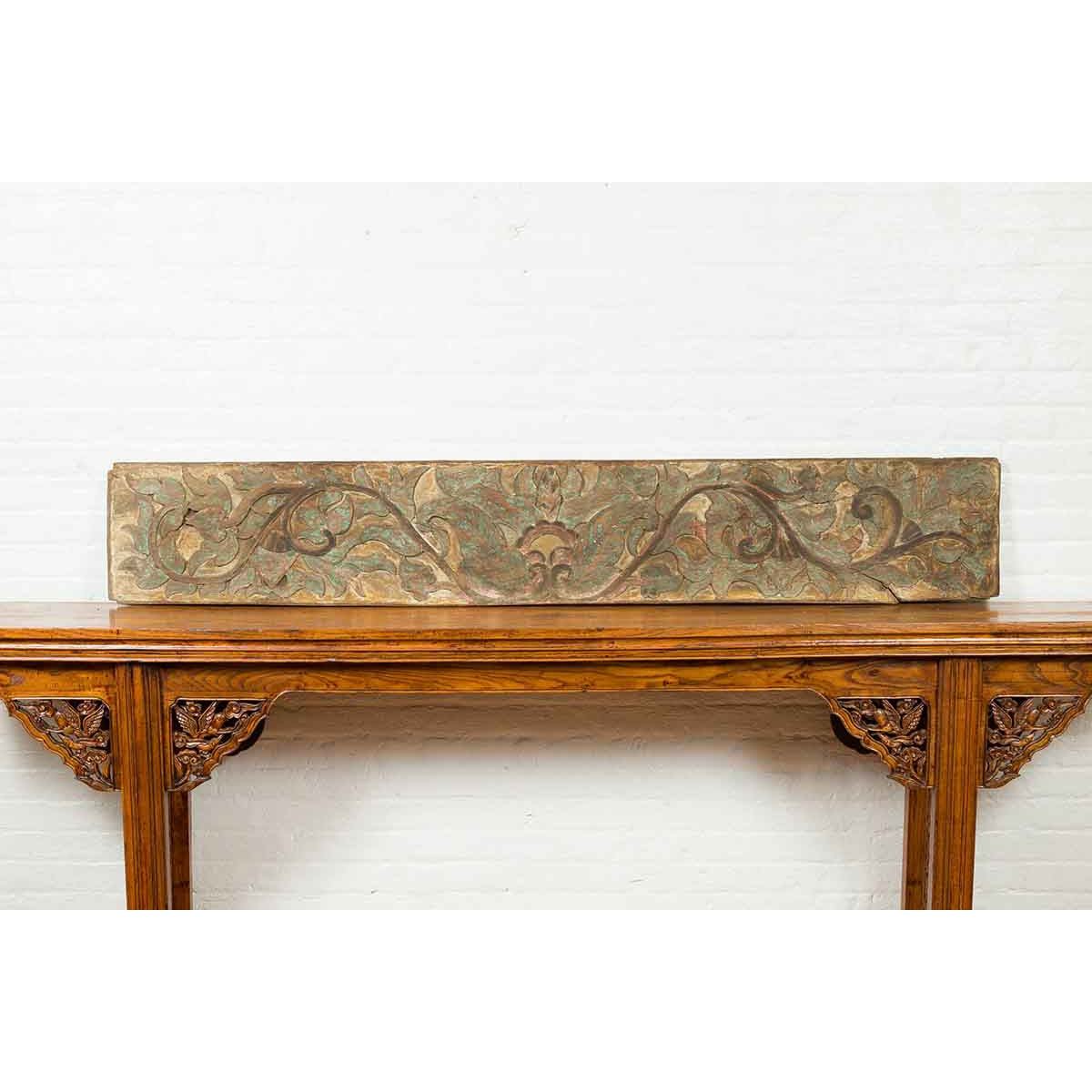 Antique Indonesian Painted and Carved Wood Door Panel with Scrolls and Foliage-2. Asian & Chinese Furniture, Art, Antiques, Vintage Home Décor for sale at FEA Home