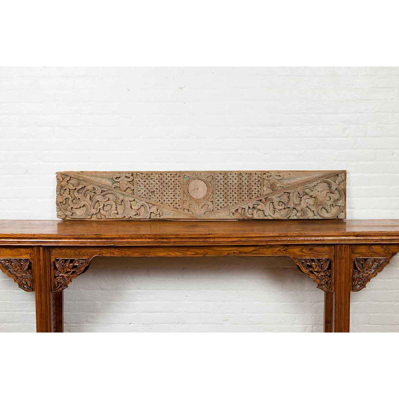Pair of Indonesian Antique Carved Wood Overdoor Panels with Traces of Blue Paint-YN6894-17. Asian & Chinese Furniture, Art, Antiques, Vintage Home Décor for sale at FEA Home